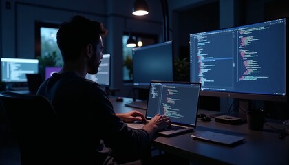 Software developer coding in dimly lit office with glowing screens