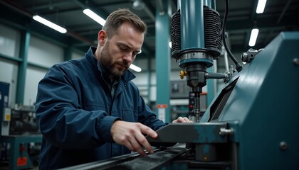 Industrial worker operating CNC machine in modern factory