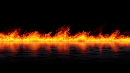 Flames reflected on a glossy black surface, creating a dynamic and fiery visual ideal for banners, backgrounds, and dramatic designs.

