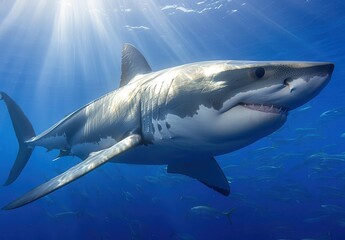 Obraz premium Majestic Great White Shark Gliding Through Crystal Clear Ocean Waters with Sunlight Enhancing Underwater Scene and Schools of Fish Surrounding