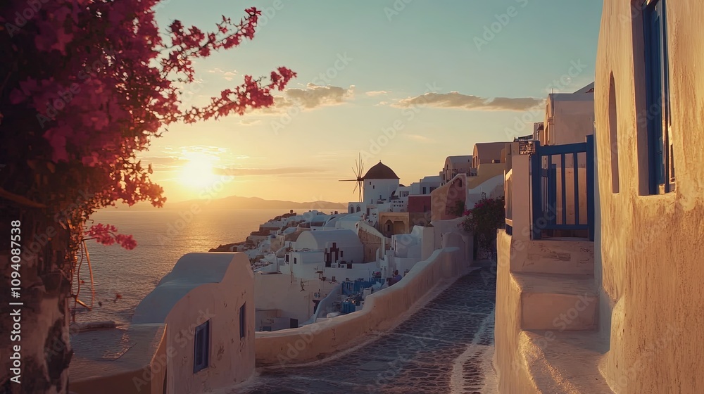 Wall mural Oia village, Santorini, Greece. View of traditional houses in Santorini. Small narrow streets and rooftops of houses, churches and hotels. Landscape during sunset. 