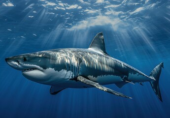 Naklejka premium Majestic Great White Shark Swimming Gracefully Beneath Clear Ocean Waters with Sunlight Rays Filtering Through the Surface, Showcasing Its Powerful Form