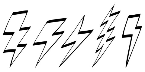 Set of Hand drawn electric lightning. Doodle thunderbolt and thunderstorm. isolated on white background. vector illustration