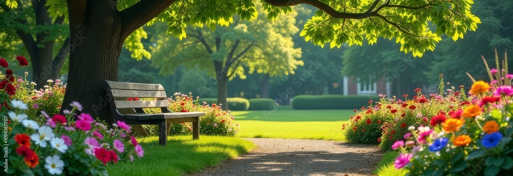 Poster a park with a bench under a tree and flowers in the background
