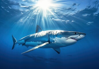 Obraz premium Majestic Great White Shark Swimming Gracefully in Clear Blue Ocean Waters with Sunlight Streaming Through the Surface Creating a Stunning Underwater Scene