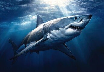 Obraz premium Majestic Great White Shark Swimming Gracefully in Clear Ocean Waters with Sunlight Streaming Through the Surface and Creating a Stunning Underwater Scene