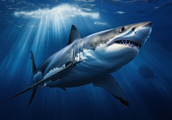 Obraz premium Majestic Great White Shark Swimming Gracefully in Crystal Clear Ocean Waters Illuminated by Sunlight Rays Beneath the Surface