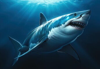 Majestic Great White Shark Swimming Gracefully in Clear Ocean Water Under Soft Sunlight with Blue Hues and Bubbles for an Engaging Marine Life Image