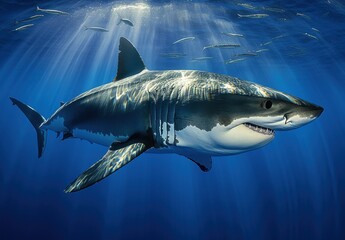 Fototapeta premium Majestic Great White Shark Swimming Gracefully in Crystal Clear Ocean Waters with Sunlight Streaming Through the Surface, Surrounded by Schools of Small Fish