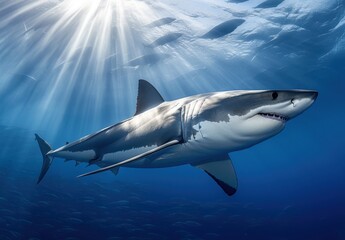 Fototapeta premium Majestic Great White Shark Swimming Gracefully in Deep Blue Ocean with Sunlight Beaming Through the Surface Creating a Serene and Powerful Underwater Scene