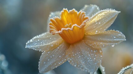 Fototapeta premium Extreme macro of a Daffodil bloom dusted with frost, its petals sparkling against a softly blurred, wintry background.