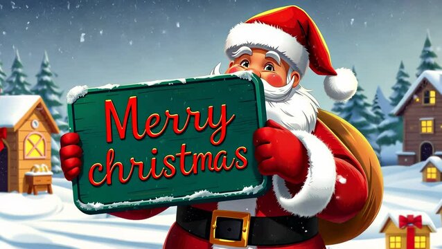 Santa Claus holding a Merry Christmas sign