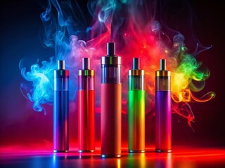 Vibrant Collection of Multicolor Disposable Electronic Cigarettes Against a Bold Red Background in Captivating Night Photography Style
