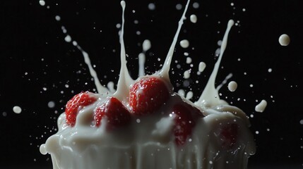 Dynamic splash of fresh strawberries in cream dark background food photography artistic environment close-up view culinary delight