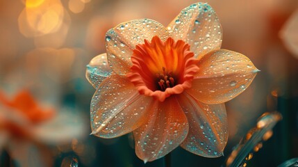 Fototapeta premium Focused Daffodil bloom with soft petals, surrounded by a dizzy, pixelated and abstract background creating a surreal effect.