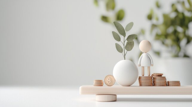 Balancing growth and wealth person with coins and plant minimalist workspace still life serene environment inspirational concept