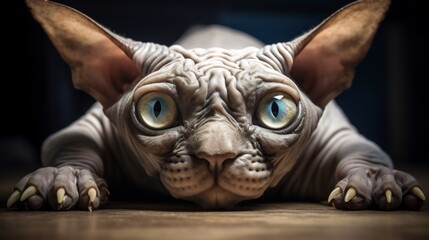 Unique Sphynx Cat Lying on Its Side Showing Off Its Distinctive Furless Physique and Bulging Wide Eyed Expression