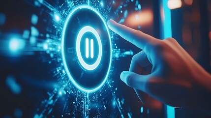 A hand reaches toward a glowing, futuristic pause button, surrounded by dynamic energy effects, symbolizing control and technology.