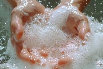 Fototapeta premium A close-up of hands cupping bubbly soap, illustrating cleanliness and the importance of washing.
