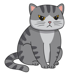 Grumpy Fat Gray Tabby Cat, Cartoon, Vector Illustration