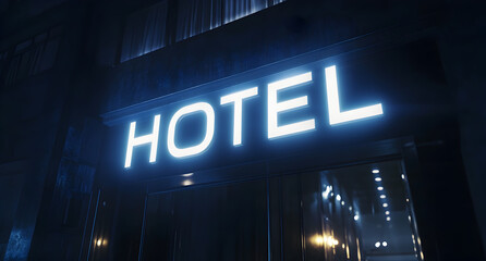 "HOTEL" written on the facade of a modern luxury hotel.