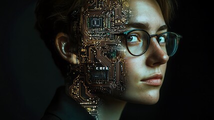 A digital portrait merging a human face with intricate circuitry, symbolizing the fusion of technology and humanity.