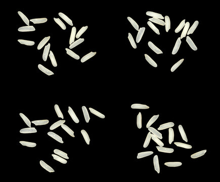 The top view is a rice splash fly isolated on a black background. raw grain texture, pile seed white. food healthy