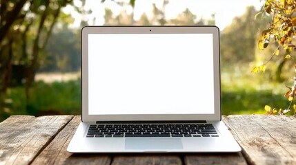 Laptop on rustic table outdoor setting technology showcase nature background natural light productivity concept