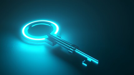 A glowing, futuristic key with a circular design, set against a dark background, suggesting themes of security and technology.