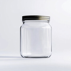 empty clear glass jar with gold lid isolated on white background