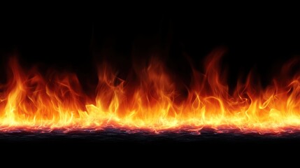 Vivid flames forming a horizontal line against a black background, perfect for dramatic designs, banners, and fiery-themed compositions

