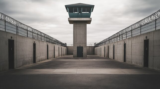 A crowded prison yard under watchful guard towers, Portraying the harsh reality of incarceration, photography style