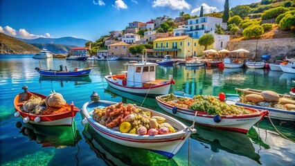Vibrant Fishing Boats in Greece: A Colorful Coastal Scene with Fresh Seafood and Blue Waters for Stunning Food Photography Inspiration