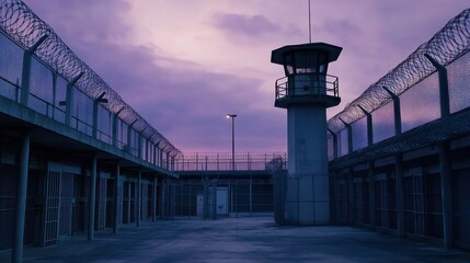 A crowded prison yard under watchful guard towers, Portraying the harsh reality of incarceration, photography style