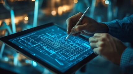 Digital blueprint creation modern office technology showcase urban environment close-up view innovation and design concepts