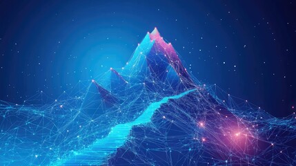 Abstract digital mountain range made of glowing lines and points.