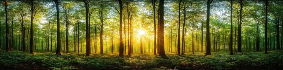 Obraz premium Bright sunrise filtering through lush green trees in a serene forest, perfect for nature photography, eco-friendly designs, and scenic wallpapers