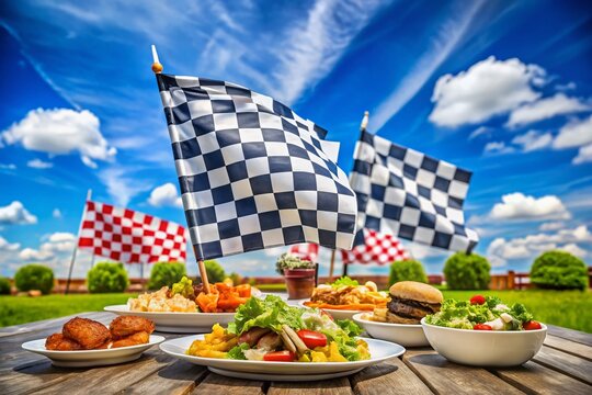 Vibrant Food Photography Featuring Checkered Flag Against a Clear Blue Sky, Perfect for Racing-Themed Events, Celebrations, and Culinary Promotions