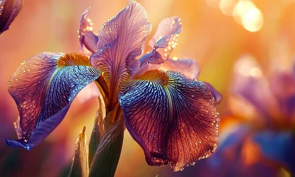 Dew-kissed iris flower in sunset light.