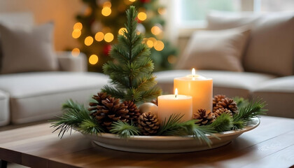 christmas still life with candle and christmas tree