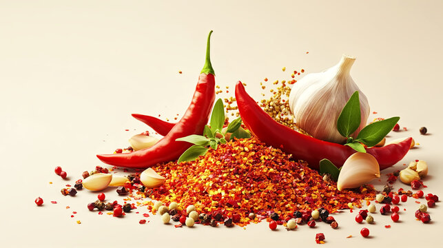 chilli flakes, paprika, garlic, and other herbs and spices