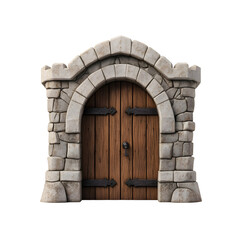 Fototapeta premium detailed castle gate with wooden door and stone archway, showcasing medieval architecture and craftsmanship. sturdy design evokes sense of history and strength