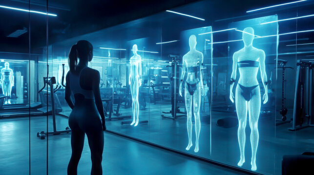 Futuristic gym environment with holographic body representations.