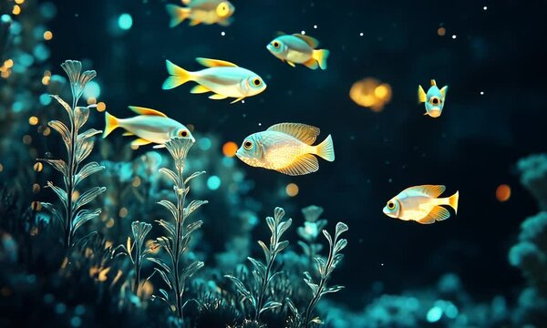 Glowing fish swim amidst aquatic plants in a dark blue underwater scene.