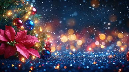 Christmas decorations featuring a red poinsettia, ornaments, and glowing string lights with a festive bokeh background, perfect for holiday cards and banners

