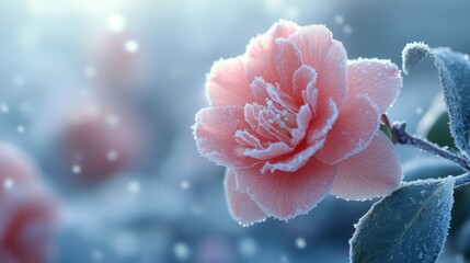 Camellia bloom surrounded by icy frost, with snowflakes softly drifting and the winter sky blurred in the distance.