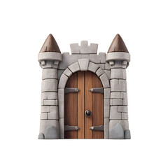 Fototapeta premium whimsical castle gate with stone walls and wooden door, featuring turreted towers. Perfect for fantasy themes and children illustrations