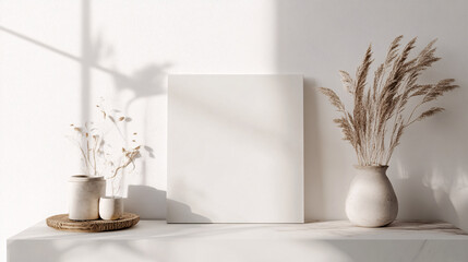 white minimalist mockup with dried pampas grass in vase and two pots on wooden tray on white table in a white room