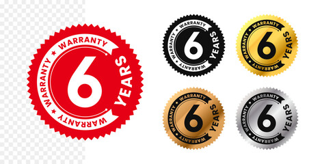 6 years warranty in circle. Six years warranty with circular text. Red, black, gold, silver, bronze premium color. For sticker, label, badge, icon, sign, emblem, stamp, logo, tag, seal, symbol. Vector
