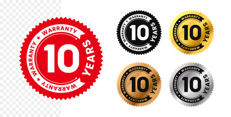 10 years warranty in circle. Ten years warranty with circular text. Red, black, gold, silver, bronze premium color. For sticker, label, badge, icon, sign, emblem, stamp, logo, seal, symbol. Vector